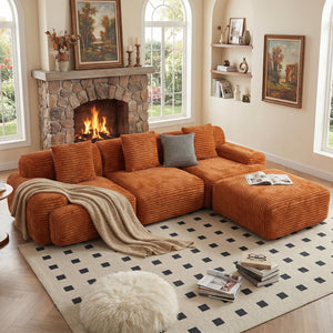 VK·LIVING 113" Cloud Sectional Couch, Deep Seat Boneless Sofa with Wide Armrests, Modular Plush Corduroy Memory Foam Couch for Living Room Office, No Assembly Needed, Orange