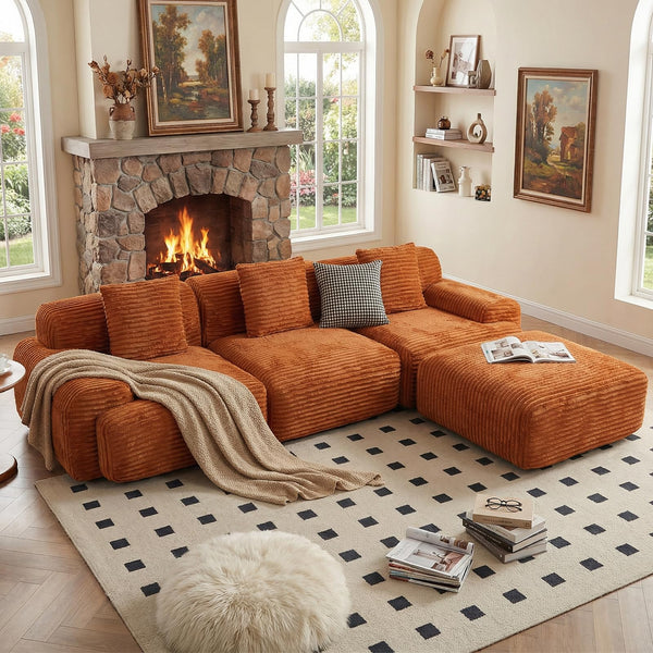 VK·LIVING 113" Cloud Sectional Couch, Deep Seat Boneless Sofa with Wide Armrests, Modular Plush Corduroy Memory Foam Couch for Living Room Office, No Assembly Needed, Orange