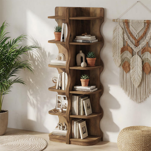 6-Tier Corner Bookshelf with Wave-Shaped Design, 71" Tall