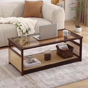 Rattan Glass Coffee Table with Storage Shelf