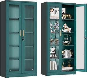 Metal Glass Display Cabinet with Lockable Doors & Adjustable Shelves