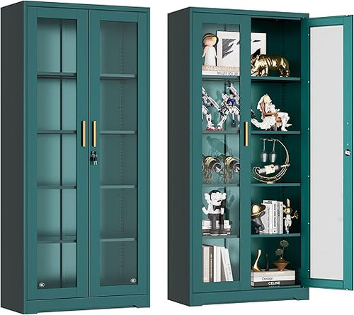 Metal Glass Display Cabinet with Lockable Doors & Adjustable Shelves