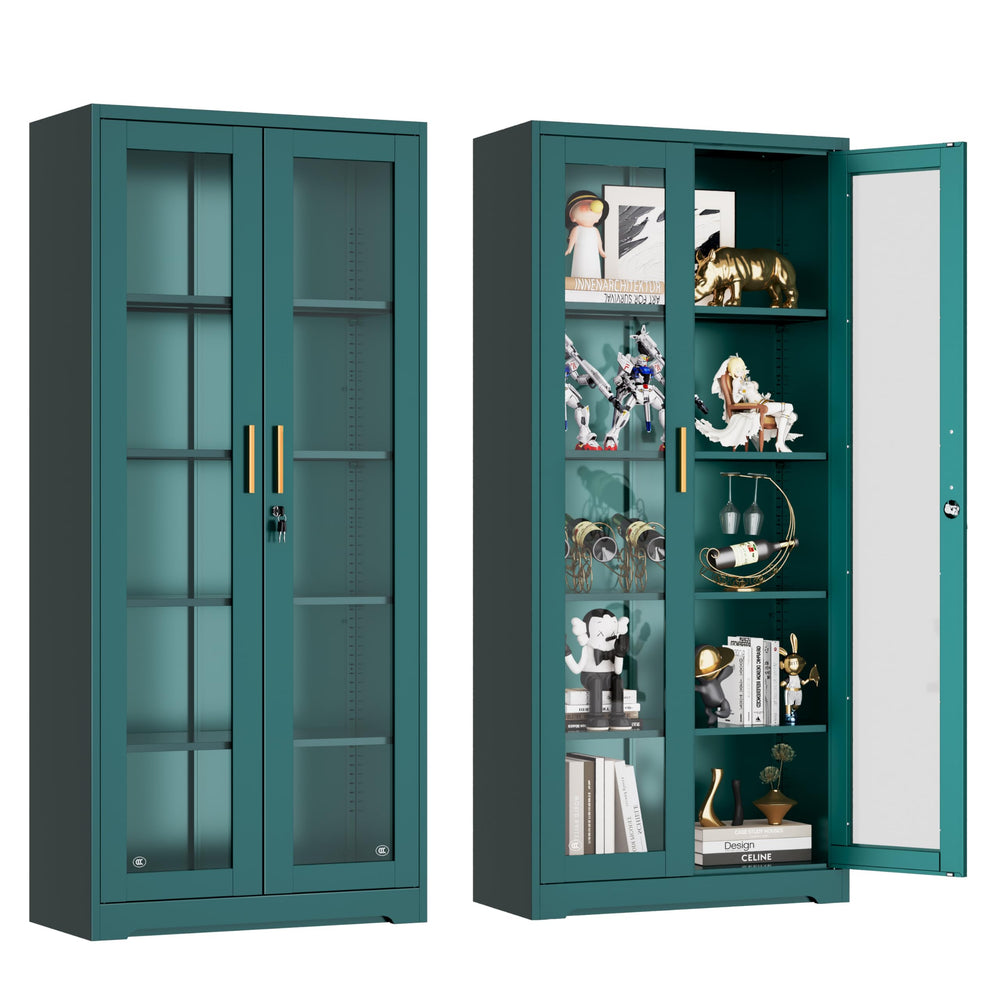 Metal Glass Display Cabinet with Lockable Doors & Adjustable Shelves