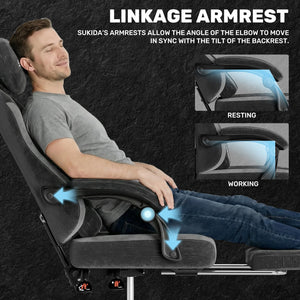 SUKIDA Fabric Video Gaming Chair, Ergonomic High-Back Computer Game Chairs with Large Massage Adjustable Lumbar Support, Headrest and Linked Armrests for Long Hours Sitting Task Chair, Black