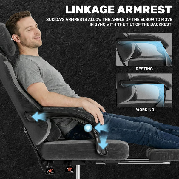 SUKIDA Fabric Video Gaming Chair, Ergonomic High-Back Computer Game Chairs with Large Massage Adjustable Lumbar Support, Headrest and Linked Armrests for Long Hours Sitting Task Chair, Black