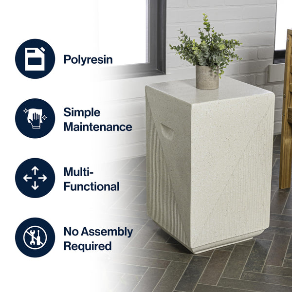 Polyresin Outdoor Side Table – Geometric Fluted Accent Table