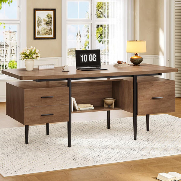 63-Inch Executive Desk with Drawers, Keyboard Tray & Storage Cabinets