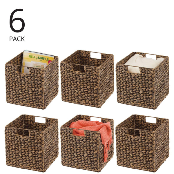 Woven Hyacinth Cube Storage Baskets with Handles – Set of 6, Brown Wash