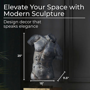 Modern Cracked Male Torso Sculpture – Polyresin Statue – 15"x9"x25"