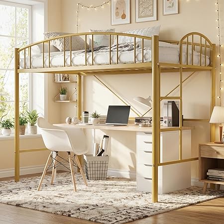 Twin Size Metal Loft Bed with Ladder and Guardrail