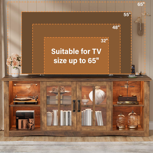 Farmhouse TV Stand 58 Inch with Glass Doors, LED Lights & USB Charging