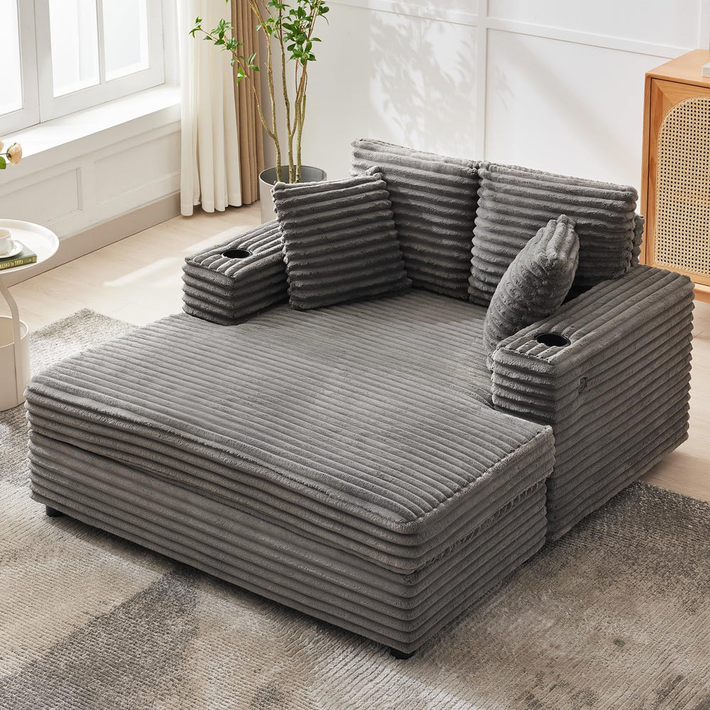 60-Inch Oversized Chaise Lounge Sofa with Charging Station & Cup Holders