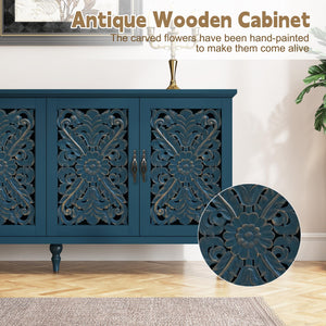 Hollow Carved Wood Accent Cabinet with 4 Doors