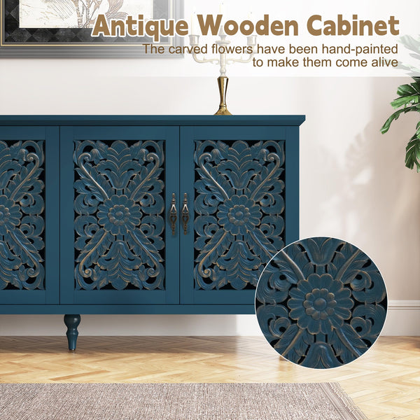 Hollow Carved Wood Accent Cabinet with 4 Doors