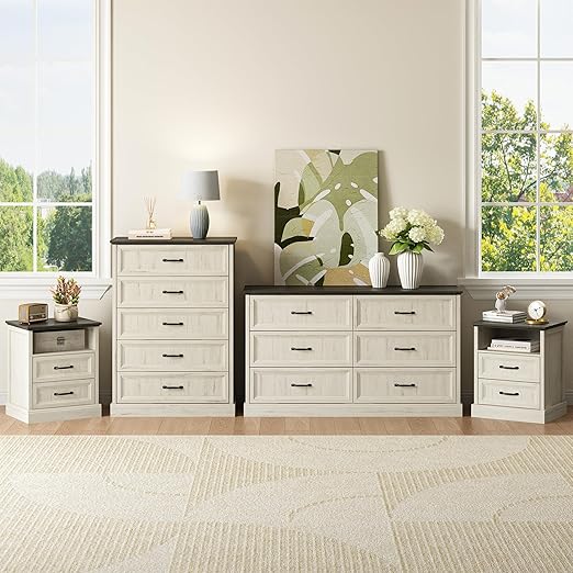 Farmhouse Dresser & Nightstand Bedroom Set – 4 Piece, White