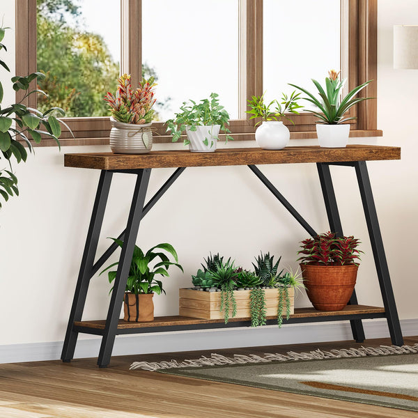 47-Inch 2-Tier Console Table with Storage Shelf – Rustic Brown