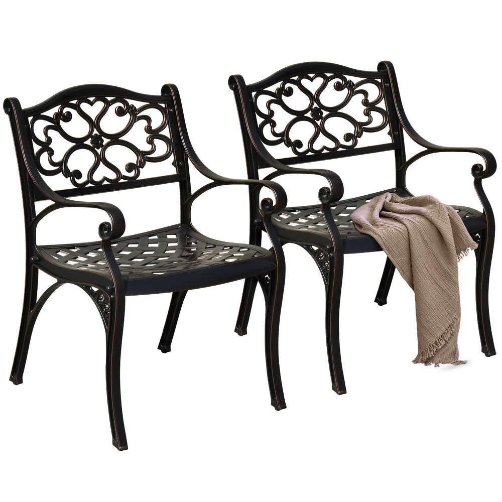 Outdoor Cast Aluminum Patio Dining Chairs with Armrest, Set of 2 – Hammered Bronze
