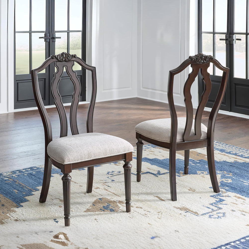 Traditional Upholstered Dining Chairs - Dark Brown & Tan, Set of 2