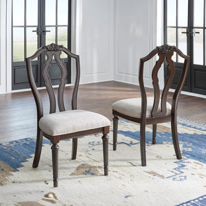 Traditional Upholstered Dining Chairs - Dark Brown & Tan, Set of 2
