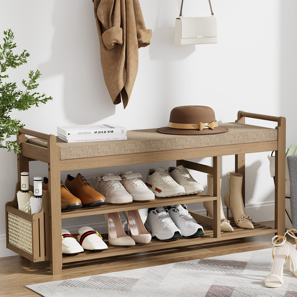 Bamboo Entryway Shoe Bench with Cushion and Side Holder
