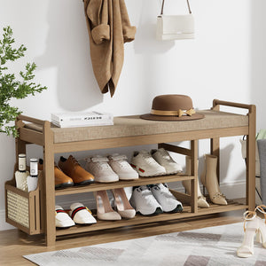 Bamboo Entryway Shoe Bench with Cushion and Side Holder