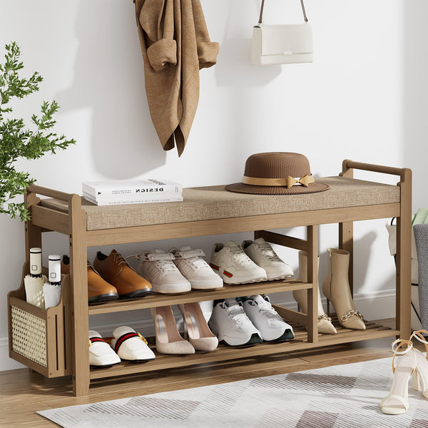 Bamboo Entryway Shoe Bench with Cushion and Side Holder