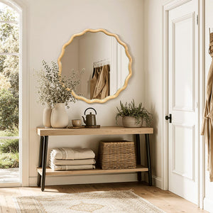 Wavy Round Wood Wall Mirror with Scalloped Frame
