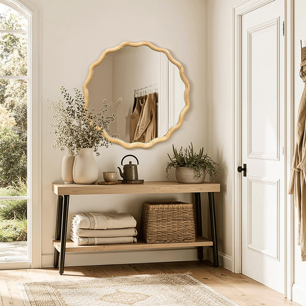Wavy Round Wood Wall Mirror with Scalloped Frame