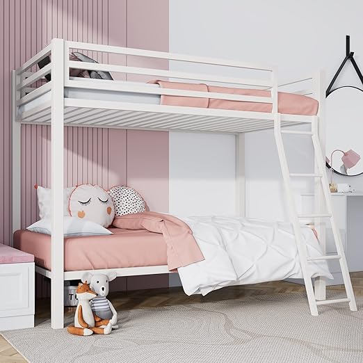 Twin Over Twin Metal Bunk Bed with Ladder & Guardrail