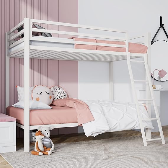 Twin Over Twin Metal Bunk Bed with Ladder & Guardrail