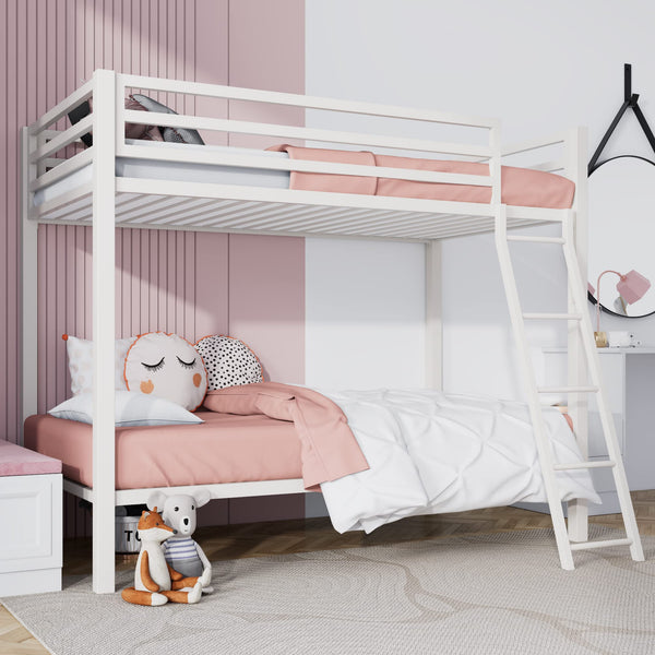 Twin Over Twin Metal Bunk Bed with Ladder & Guardrail