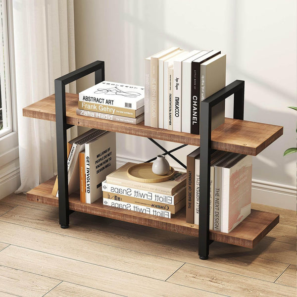 2-Tier Solid Wood Bookshelf with Metal Frame