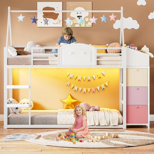 Twin Over Twin House Bunk Bed with Storage Drawers, LED Lights & Stairs