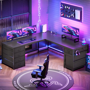 L-Shaped Desk with Drawers, Power Outlet & Monitor Shelf