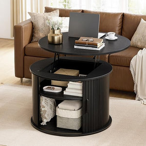 FABATO Round Lift Top Coffee Table, Fluted Wood Accent Coffee Table with Hidden Storage and Open Shelves, Drum Table with Sliding Rolling Door, Small Center Table Dining Table for Living Room, Wood