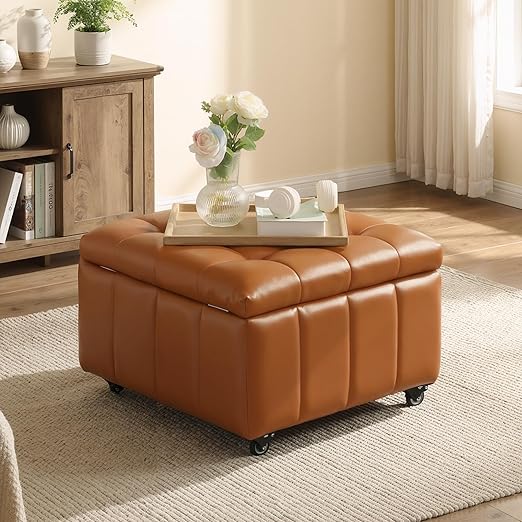 Square Storage Ottoman with Wheels & Faux Leather Lid