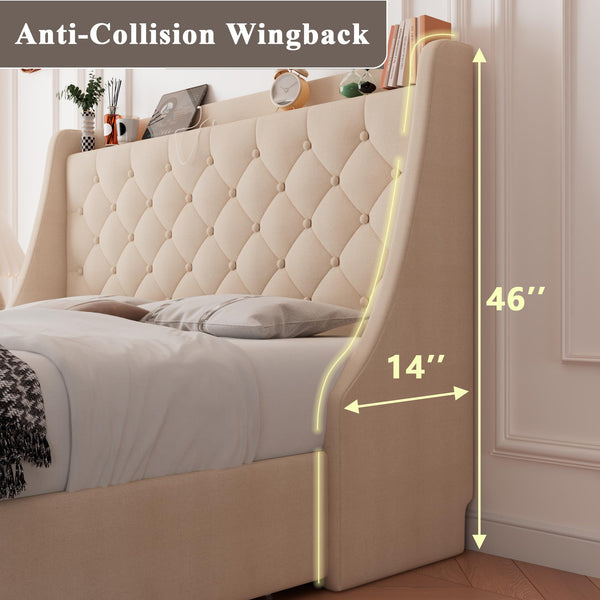 Upholstered Bed Frame with Storage Drawers & Charging Station