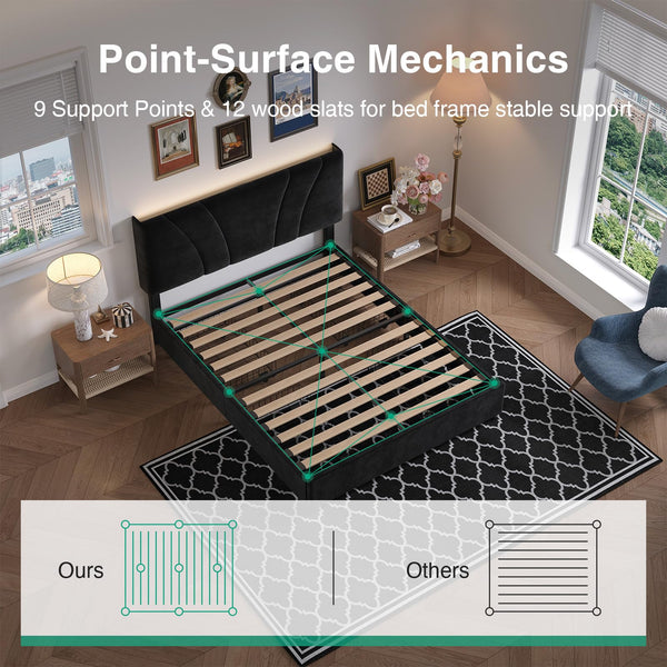 Queen Bed Frame with LED Lights, Drawers & Charging Station