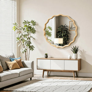 Wavy Round Wood Wall Mirror with Scalloped Frame