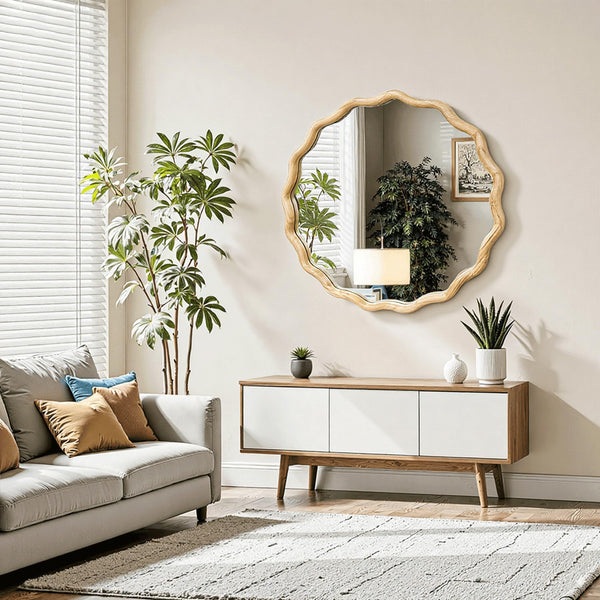 Wavy Round Wood Wall Mirror with Scalloped Frame
