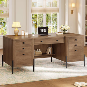 63-Inch Executive Desk with Drawers, Keyboard Tray & Storage Cabinets