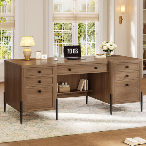 63-Inch Executive Desk with Drawers, Keyboard Tray & Storage Cabinets