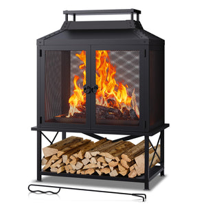 Square Chiminea Outdoor Wood Burning Fire Pit with Grill