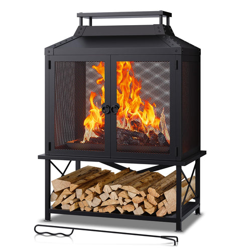 Square Chiminea Outdoor Wood Burning Fire Pit with Grill