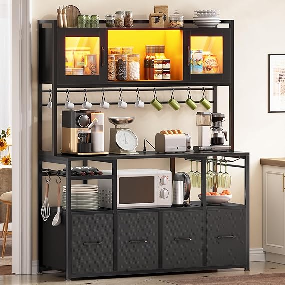 Baker's Rack with Power Outlets, LED Light & Storage Cabinet