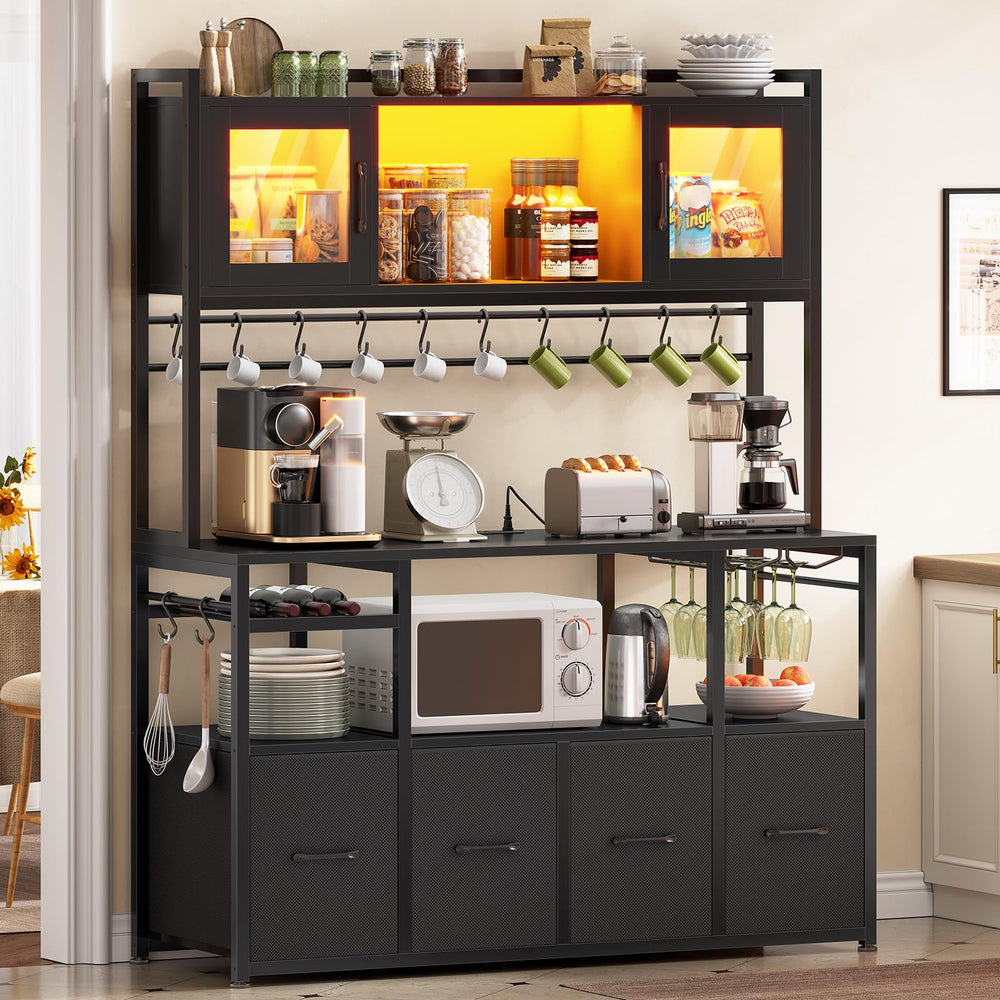 Bakers Rack with Power Outlet, LED Light & Storage Cabinet