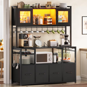 Bakers Rack with Power Outlet, LED Light & Storage Cabinet