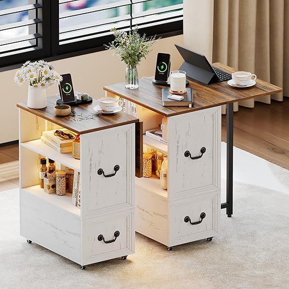 Rolling End Table with Charging Station & LED Lights