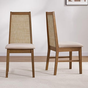Rattan High Back Dining Chairs with Solid Wood Legs