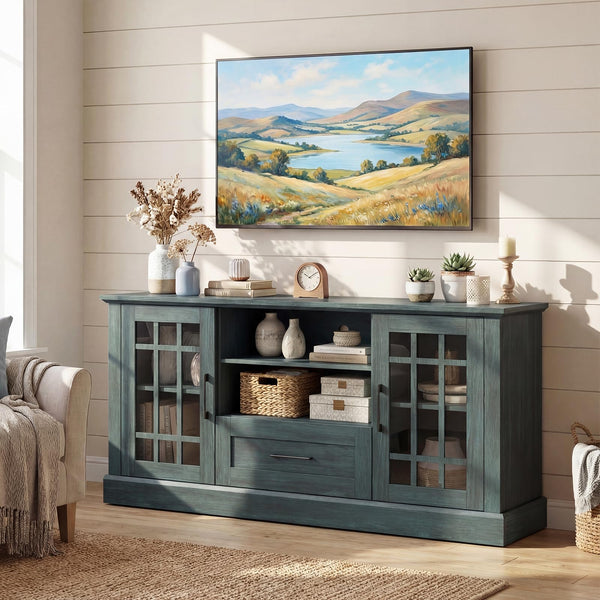62-Inch Farmhouse TV Stand with Storage Cabinets and Glass Doors
